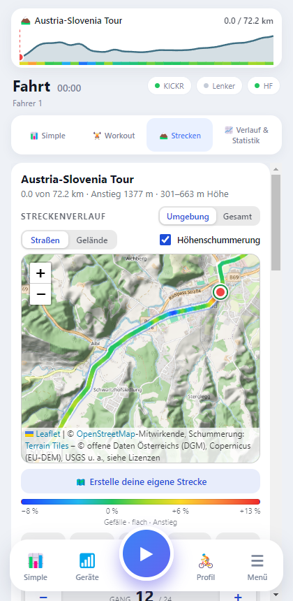 Rotovo elevation profile with pins for inns, cafés and charging stations along the route