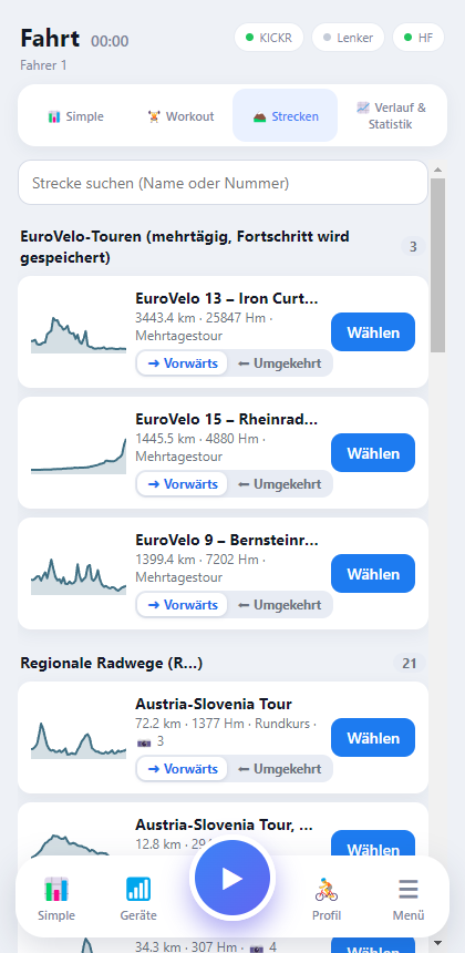Rotovo route selection with elevation profile, direction and EuroVelo tours