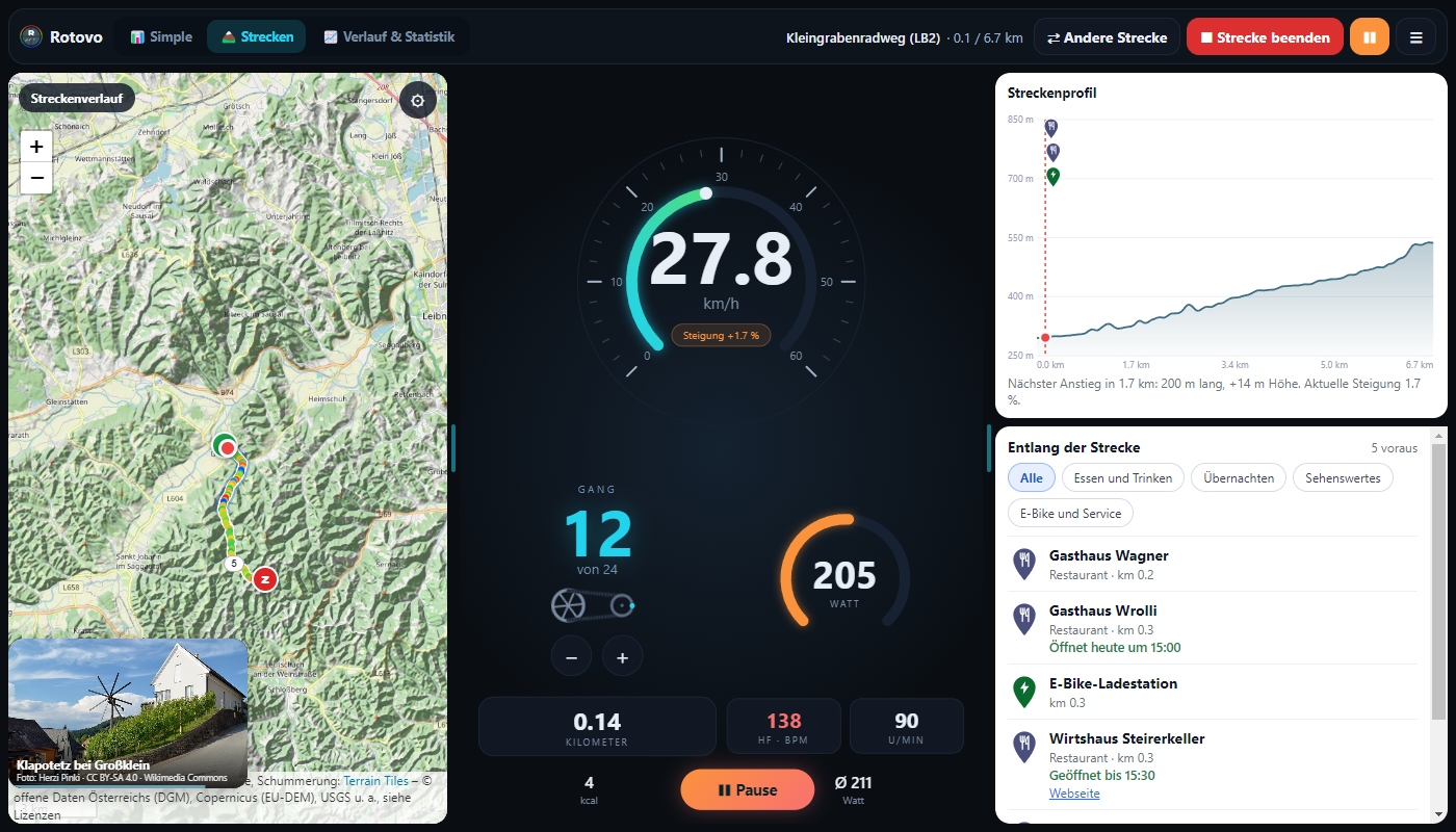 Rotovo on a computer in landscape: route map on the left, layout in the middle, elevation profile and places on the right